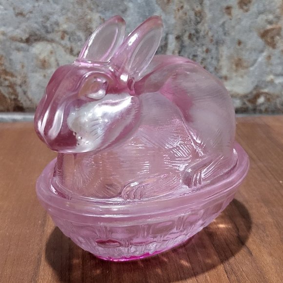 VTG Pink Purple Easter Bunny Rabbit Glass Covered Trinket Oval Candy Dish Transl - Picture 3 of 13